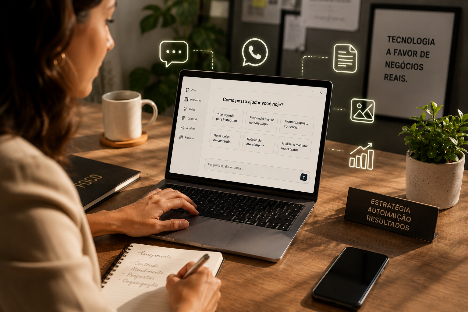Empreendedora usando inteligência artificial no negócio