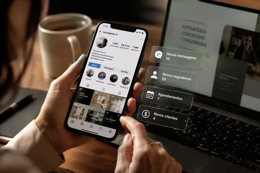 Empreendedora usando celular para gerenciar perfil no Instagram